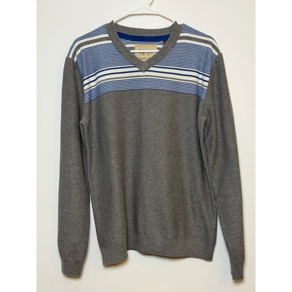 Vintage Esprit Mens V-Neck Sweater Gray Striped Cotton Knit Pullover Large